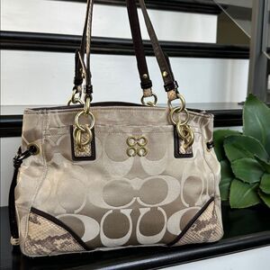 Coach Signature canvas Leather Shoulder Tote Purse Python Embossed Detail F19304